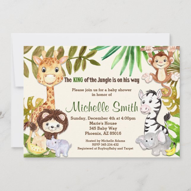Jungle Safari Monkey Elephant Giraffe Baby Shower Inbjudningar (Framsida)