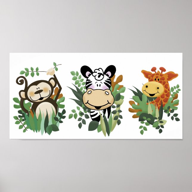 JUNGLE SAFARI MONKEY, ZEBRA & GIRAFFE ART POSTER (Framsidan)
