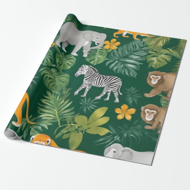 Jungle safari papper med guldblommor presentpapper (Utrullad)