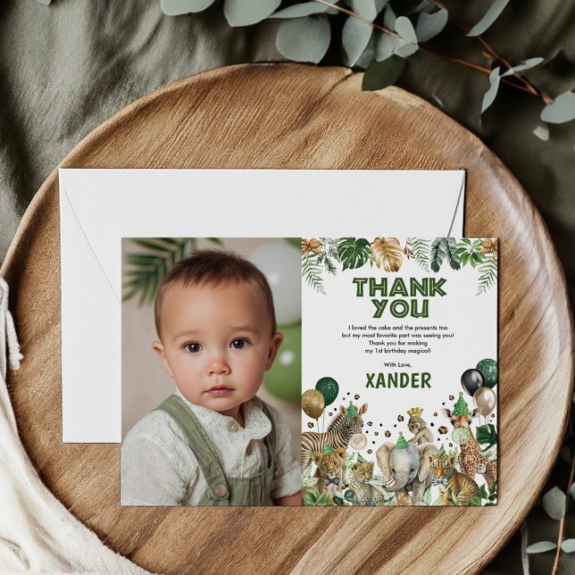 Jungle Safari Party Animals Boy Birthday Photo Tack Kort (Skapare uppladdad)