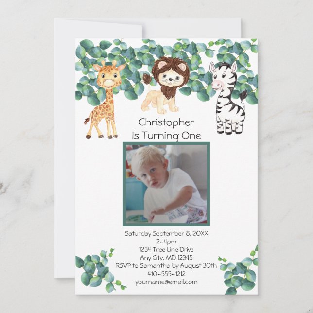 Jungle Safari Photo Boys 1:a födelsedagen Inbjudningar (Framsida)