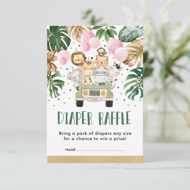 Jungle Safari Rosa Balloon Flicka Diaper Raffle Tilläggskort (Stående Fram)