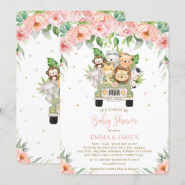 Jungle Safari Rosa Blommigt Drive by Baby Shower Inbjudningar