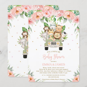 Jungle Safari Rosa Blommigt Drive by Baby Shower Inbjudningar