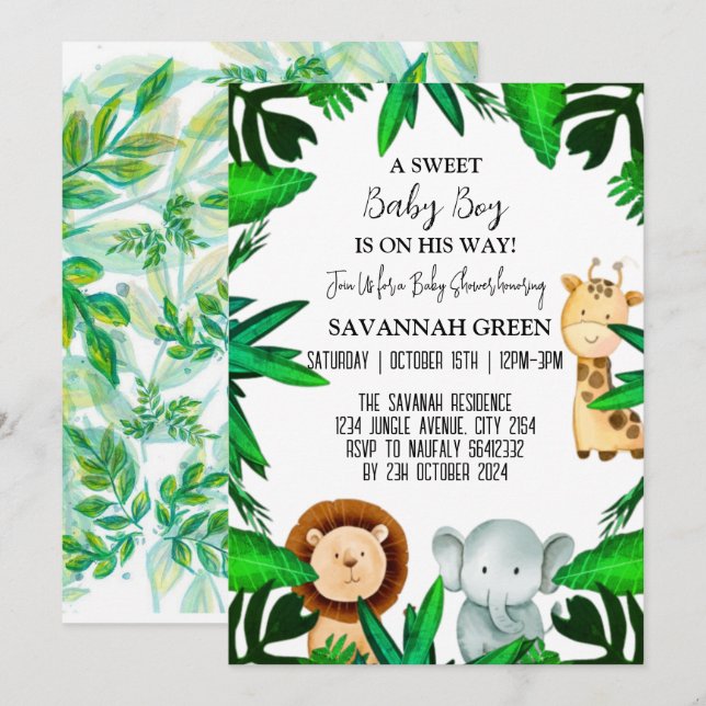Jungle Safari Tropical Animal Vild Boy Shower Inbjudningar (Fram/baksida)