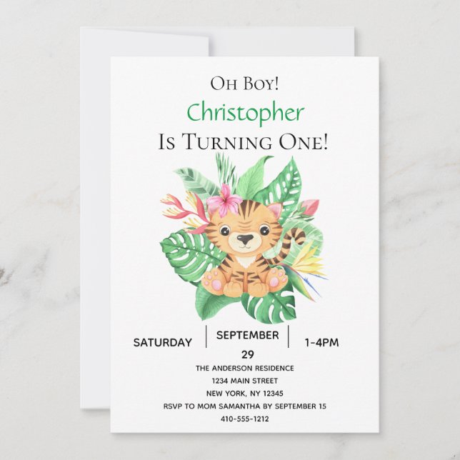 Jungle Safari Tropical Tiger 1:a födelsedagen Inbjudningar (Framsida)