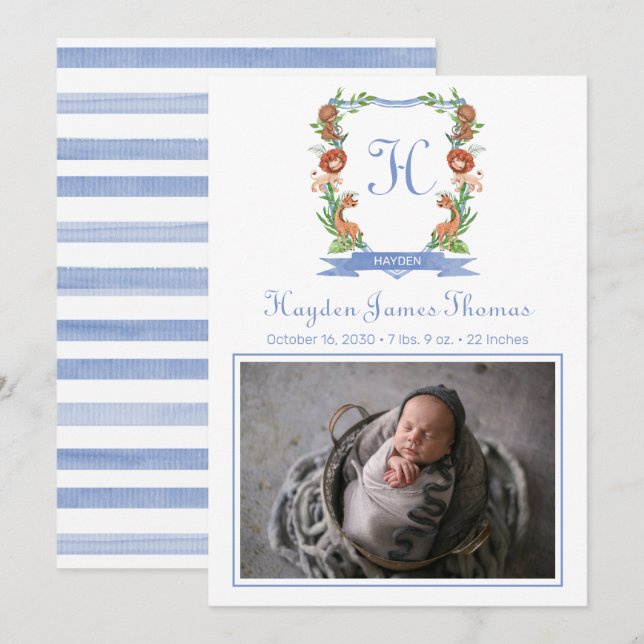 Jungle Safari Vapensköld Birth Notice Meddelande (Fram/baksida)