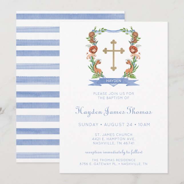 Jungle Safari Vapensköld Boy Baptism-inbjudan Inbjudningar (Fram/baksida)