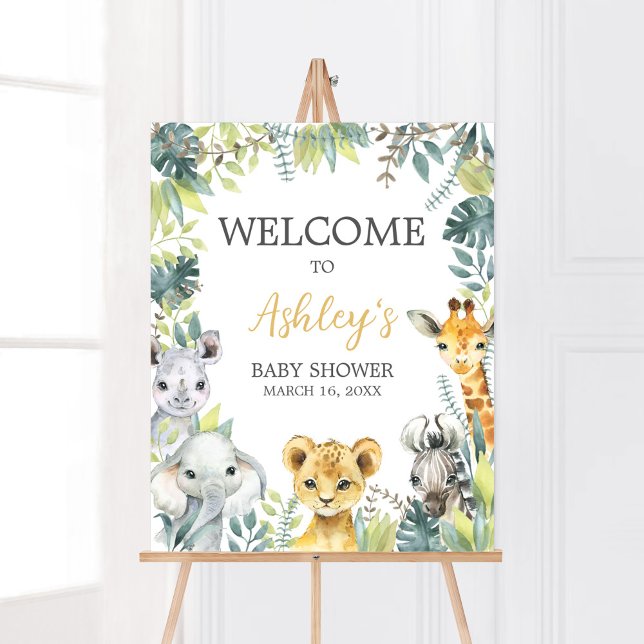 Jungle Safari Vild 1 Baby Shower Välkommen Poster (Greenery Safari Animals Baby Shower Welcome Sign)