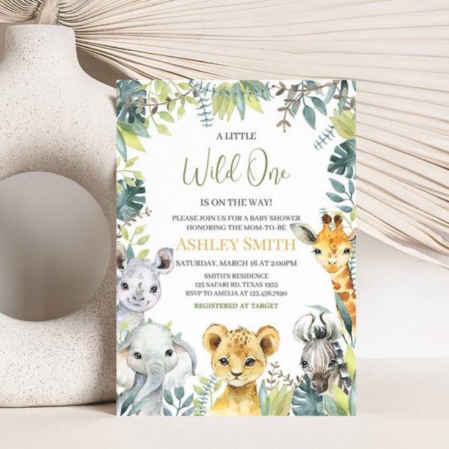 Jungle Safari Vild 1 babystövel Inbjudningar (Greenery Safari Animals Baby Shower Invitation)