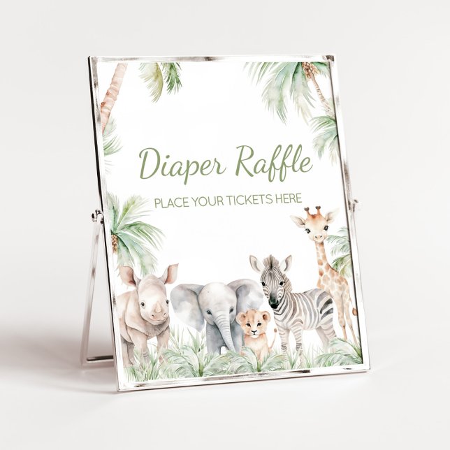 Jungle Safari Vild 1 Djur blöder Raffle Poster (Jungle Safari Animals Wild One Baby Shower Diaper Raffle Sign)