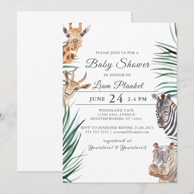 Jungle Safari Vild Baby Shower Inbjudningar (Fram/baksida)