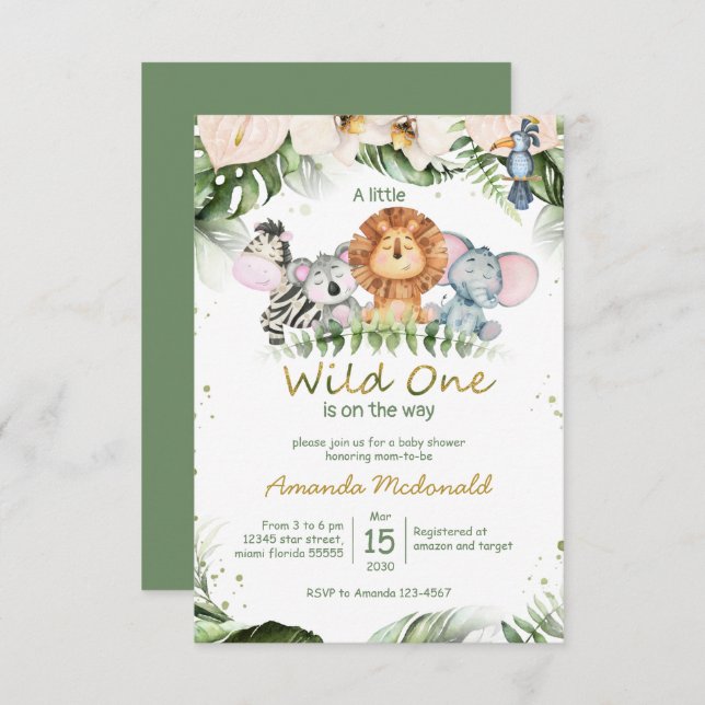 Jungle safari vild en babyduschinbjudan inbjudningar (Fram/baksida)