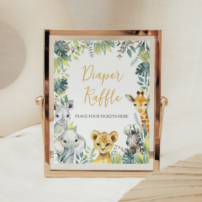 Jungle Safari Vild En babystölder Raffle Poster (Greenery Safari Animals Baby Shower Diaper Raffle Sign)