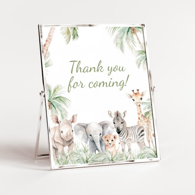 Jungle Safari Vild Ett djur Tack för att du kom Poster (Jungle Safari Animals Wild One Baby Shower Thank you for Coming Sign)