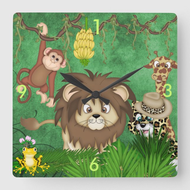 Jungle Safari Wall Clock Kids Room Fyrkantig Klocka (Framsida)