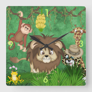 Jungle Safari Wall Clock Kids Room Fyrkantig Klocka