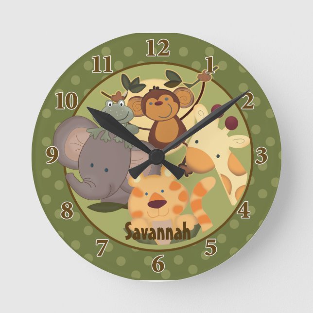 Jungle Safari Wall Clock Lägg till Namn Rund Klocka (Framsida)