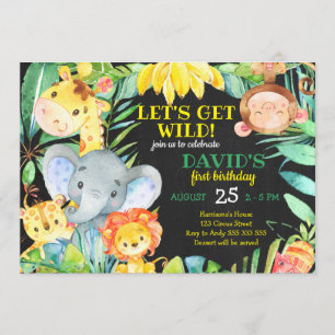 Jungle Safari Watercolor Cute Boy First Birthday Inbjudningar