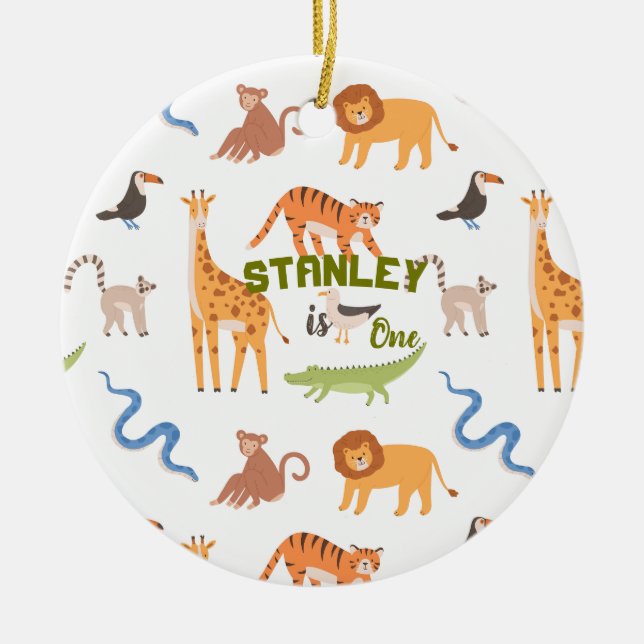 Jungle Safari Wild Animals Personalized Birthday Julgransprydnad Keramik (Framsidan)