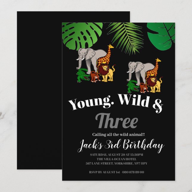 Jungle Safari Young Vild och 3 års födelsedag Inbjudningar (Fram/baksida)