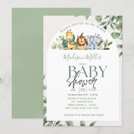 Jungle Sarfari Animals Grönt Löv Baby Shower Inbjudningar