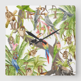 Jungle Scene Tropical Birds, Critters, Foliage Fyrkantig Klocka