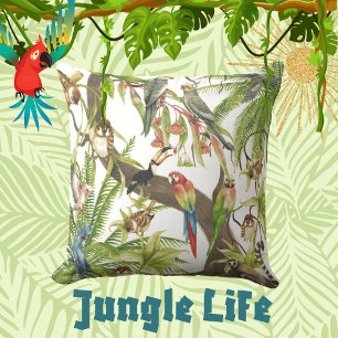 Jungle Scene Tropical Birds, Critters, Foliage Kudde