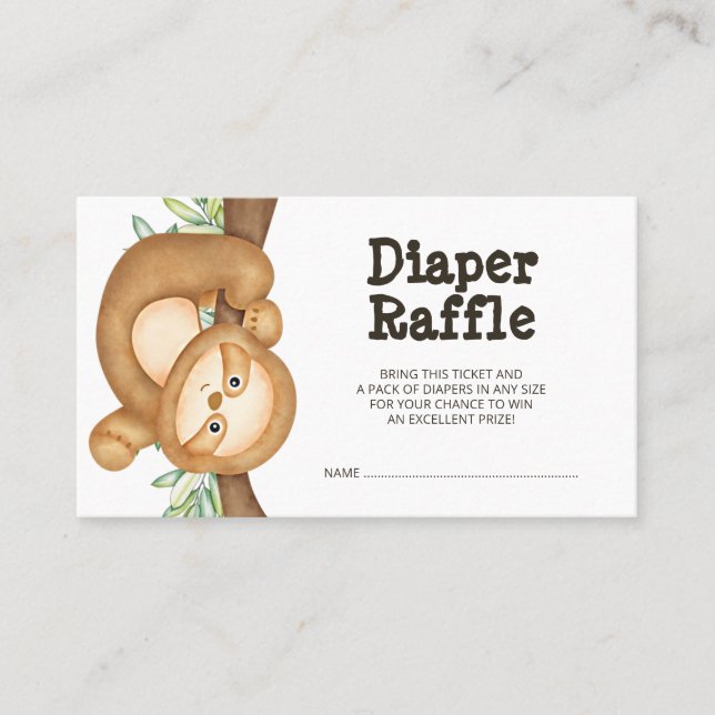 Jungle Sloth Baby Shower Diaper Raffle Biljett (Framsida)