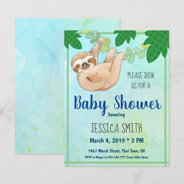Jungle Sloth Baby Shower Party Inbjudningar (Fram/baksida)