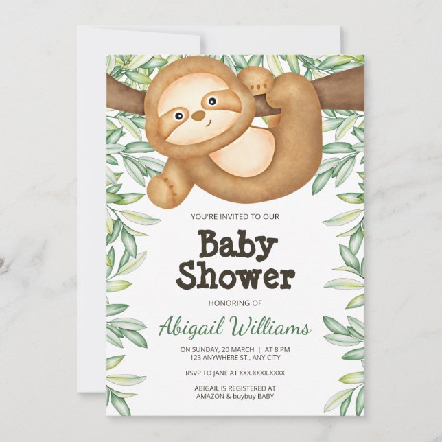 Jungle Sloth Greenery Watercolor Baby Shower Inbjudningar (Framsida)
