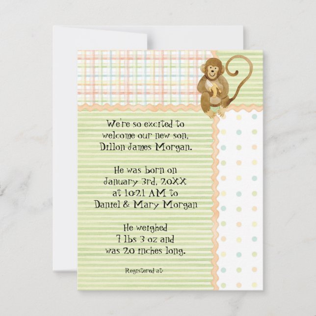 Jungle Spädbarn, Boy Baby Birth Notice 3 Inbjudningar (Framsida)
