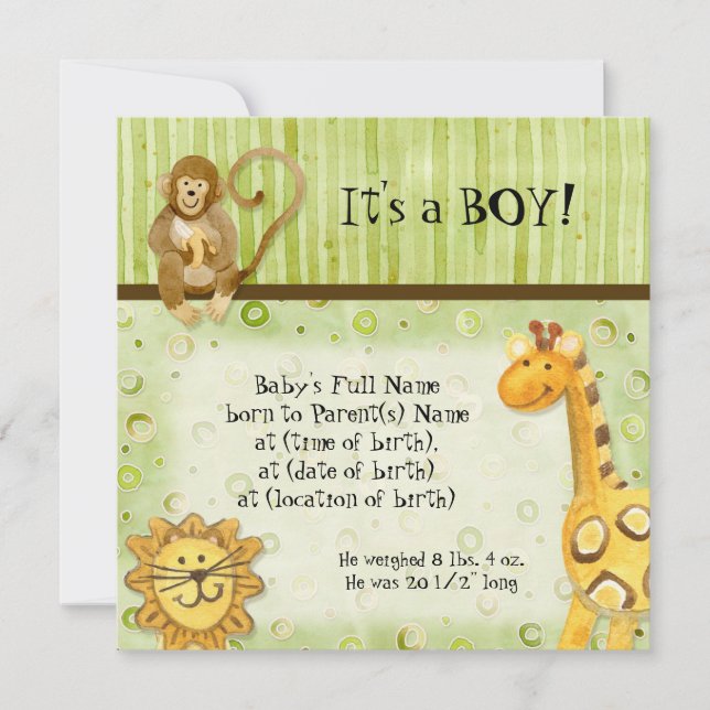 Jungle Spädbarn, Boy Birth Announcement Inbjudningar (Framsida)