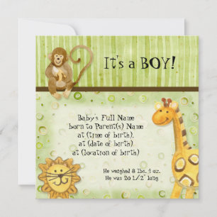 Jungle Spädbarn, Boy Birth Announcement Inbjudningar
