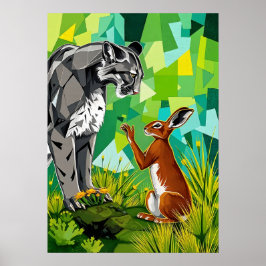 Jungle Standoff - Geometric Cougar and Rabbit Poster