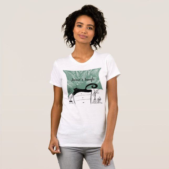 Jungle Svart Katt Tropisk Växt Illustration T Shirt (Hel framsida)