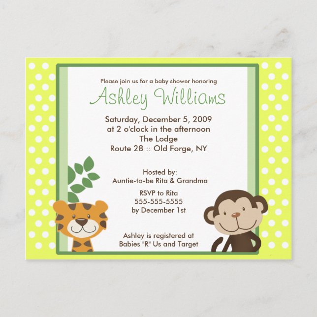 JUNGLE TALES GULT Baby Shower Postcard inbjudan (Framsida)