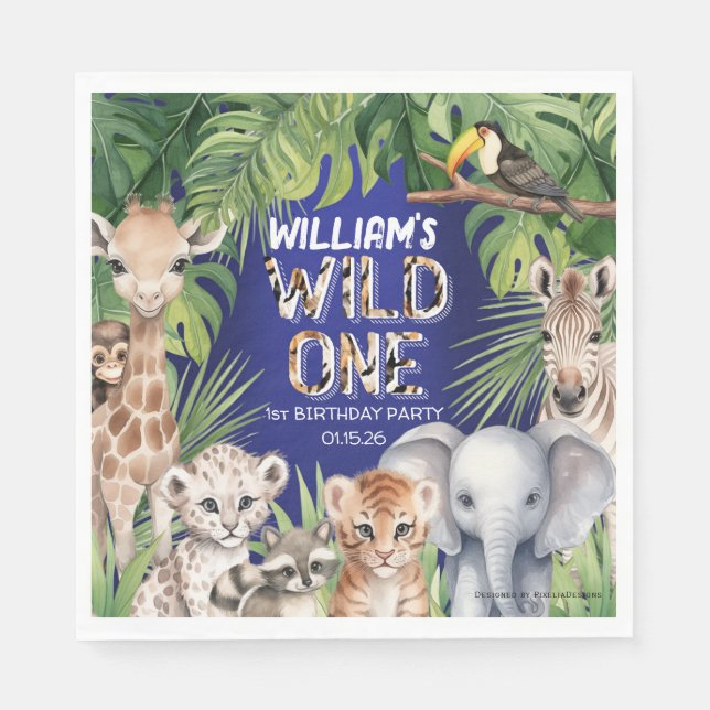 Jungle tema 1:a födelsedag Vild en marin blått Pappersservett (Framsidan)