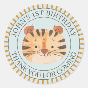 Jungle Tiger Blue Safari Birthday Tack Runt Klistermärke