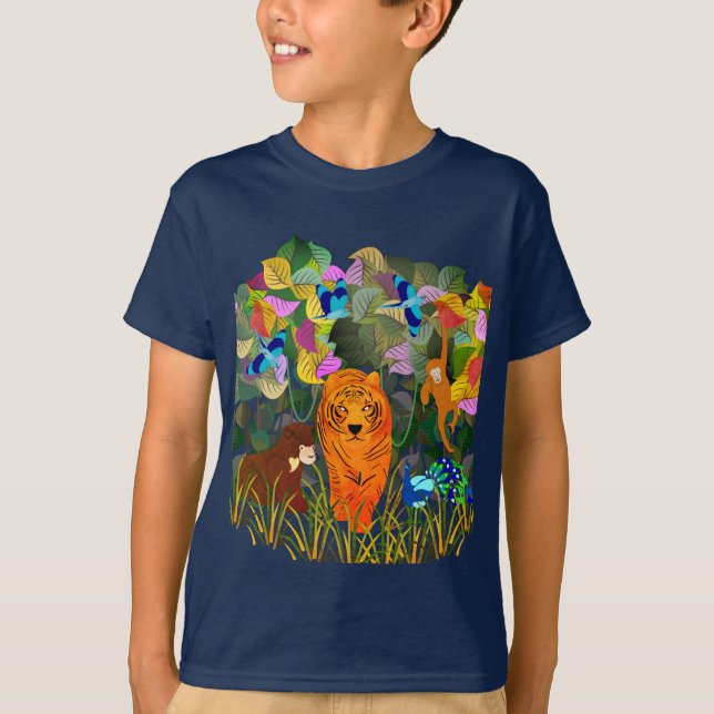 Jungle Tiger Sol Bear Peacock Monkey Indian Roller T Shirt (Framsida)