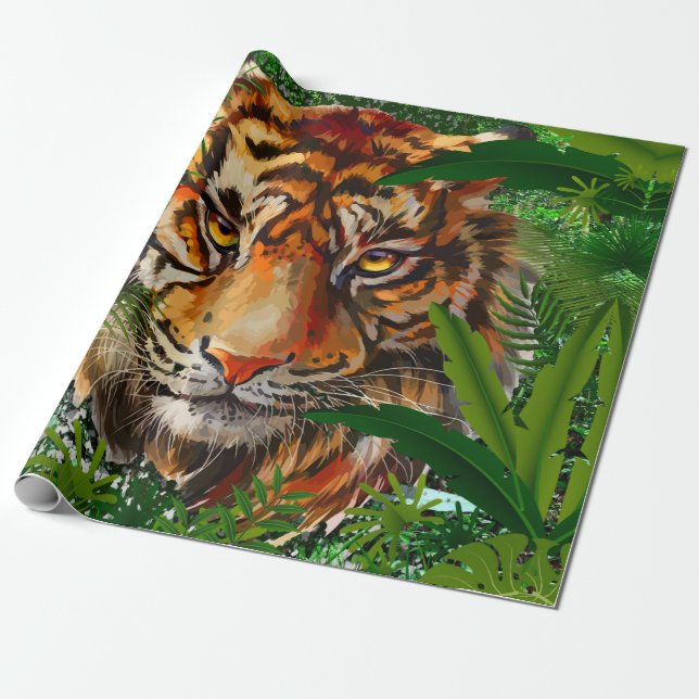Jungle Tiger Wrapping Papper | Färgfläckig Tecknin Presentpapper (Utrullad)