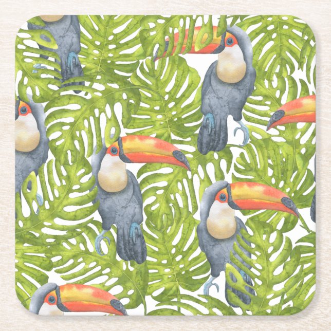 Jungle Toucan Bird Träd Mönster Underlägg Papper Kvadrat (Framsidan)