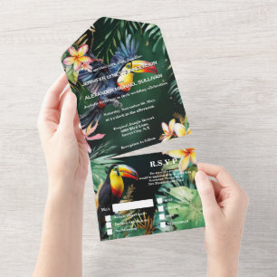 Jungle toucan bird vattencolor frangipani monstera