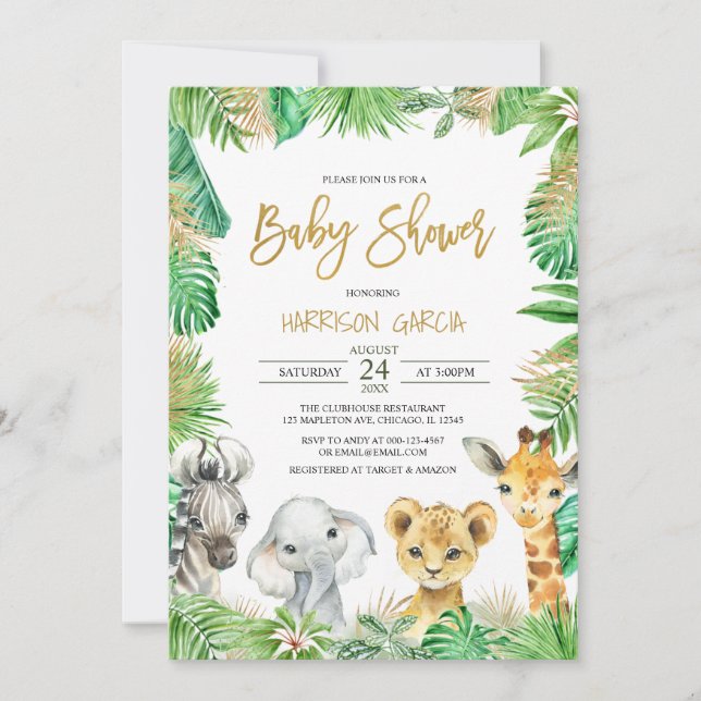 Jungle Tropical Safari Animals Baby Shower Inbjudningar (Framsida)