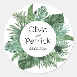 Jungle vattencolor tropical grönt löv runt klistermärke
