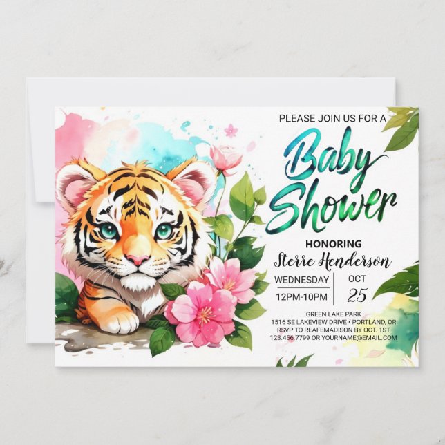 Jungle Vibes Rosa Tiger Theme Baby Shower Inbjudningar (Framsida)