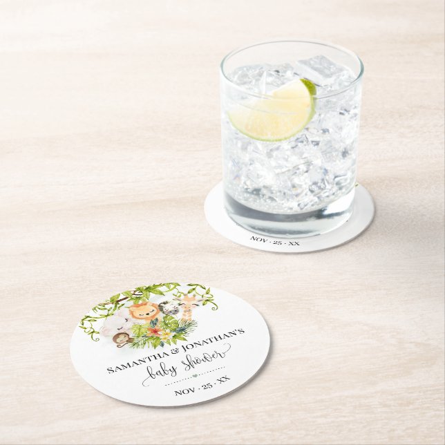 Jungle Vild Baby djur Tropical Baby Shower Underlägg Papper Rund (Insitu)