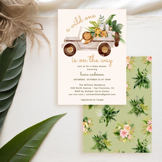 Jungle Vild ett Animal Safari Baby Shower Inbjudningar (Safari baby shower invitation with watercolor animals in 4x4 car and tropical flowers)