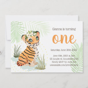 Jungle Vild & Free Blommigt 1:a födelsedag Tiger Inbjudningar