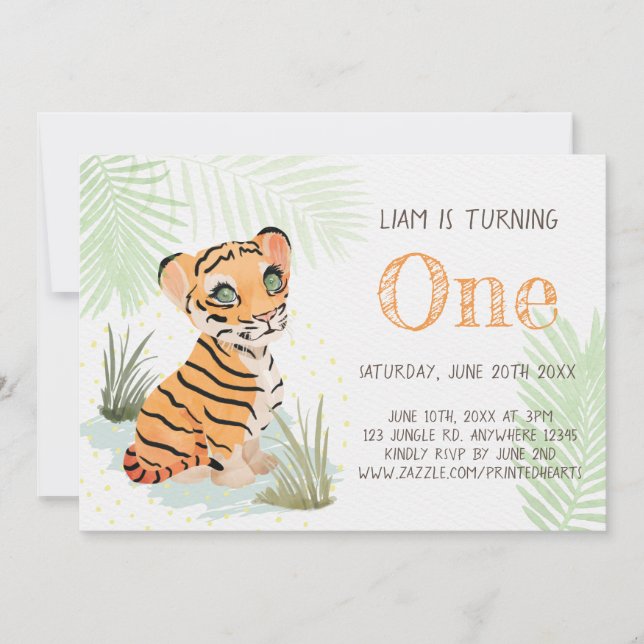 Jungle Vild & Free Boy's 1st Birthday Tiger Inbjudningar (Framsida)